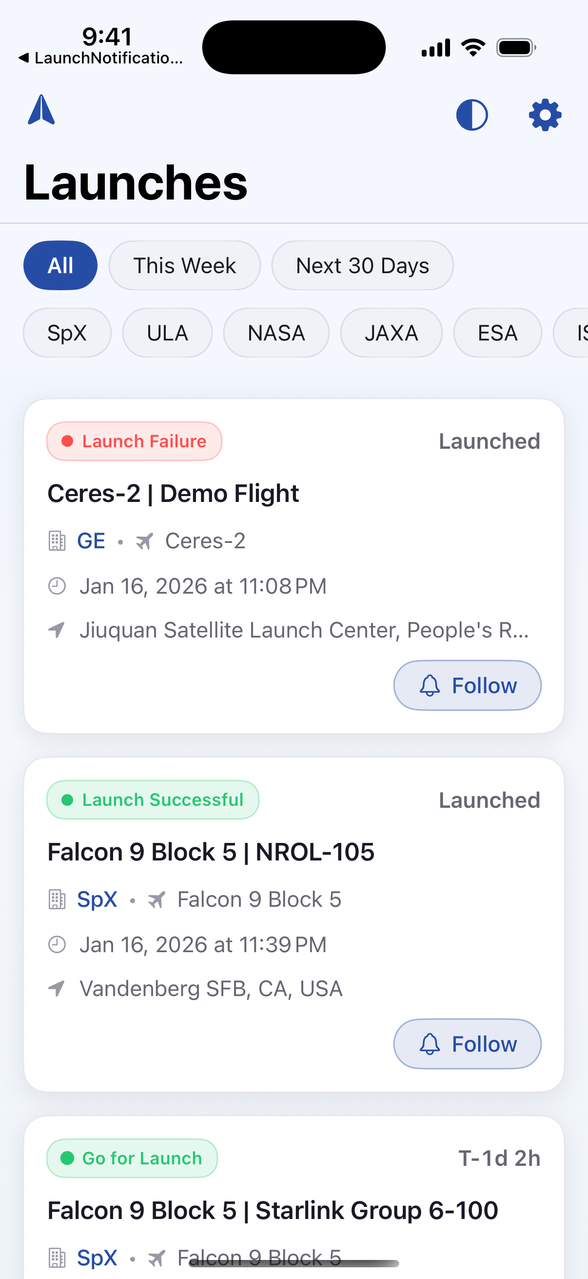 Launch list with upcoming rocket launches