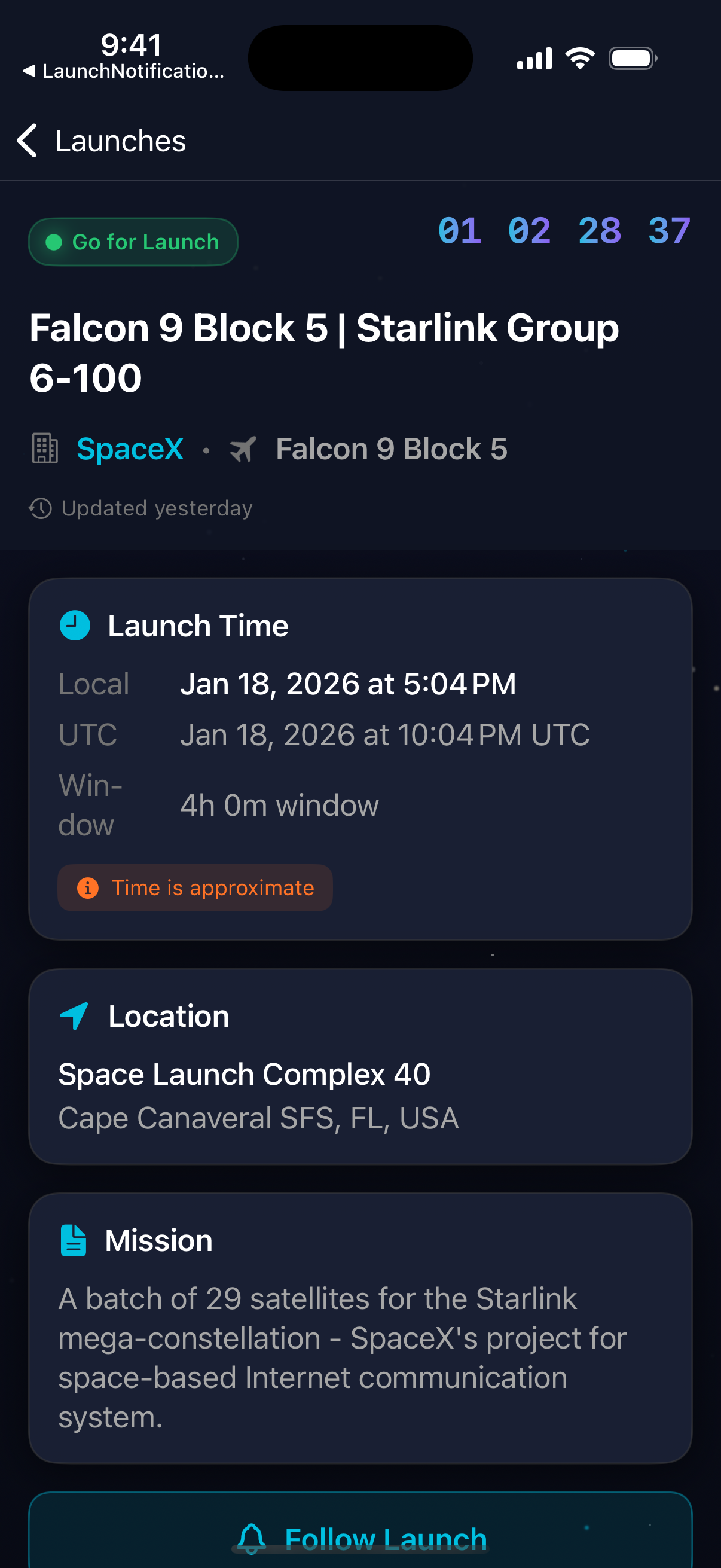 Detailed launch information and countdown